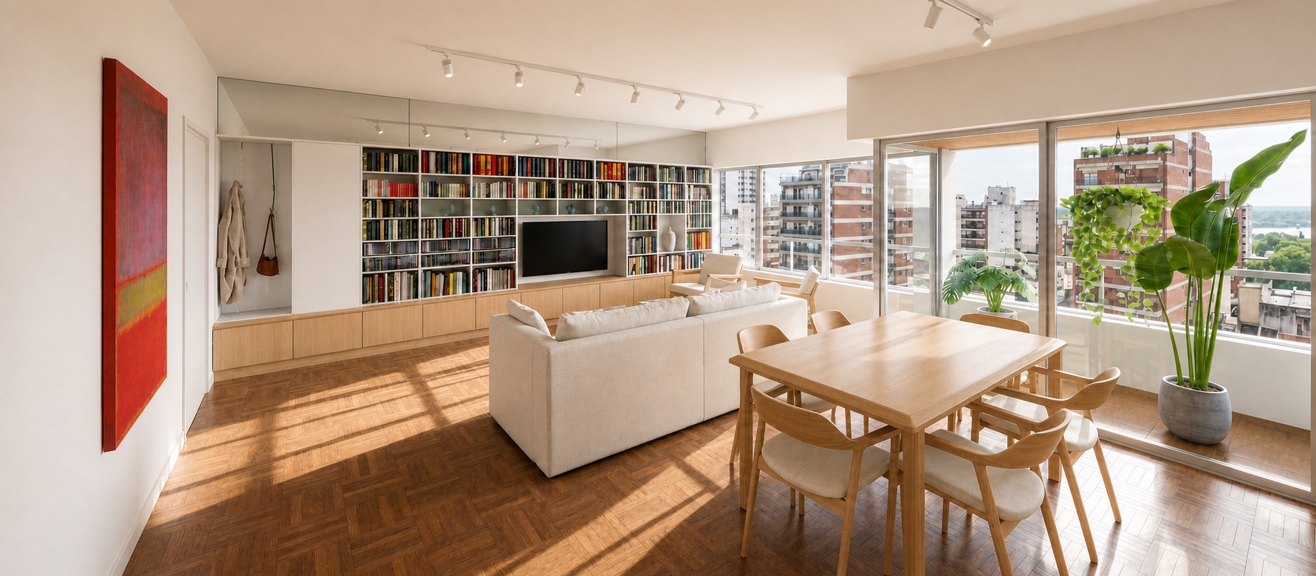 Visualización del estar y la biblioteca de Vivienda EliMa
