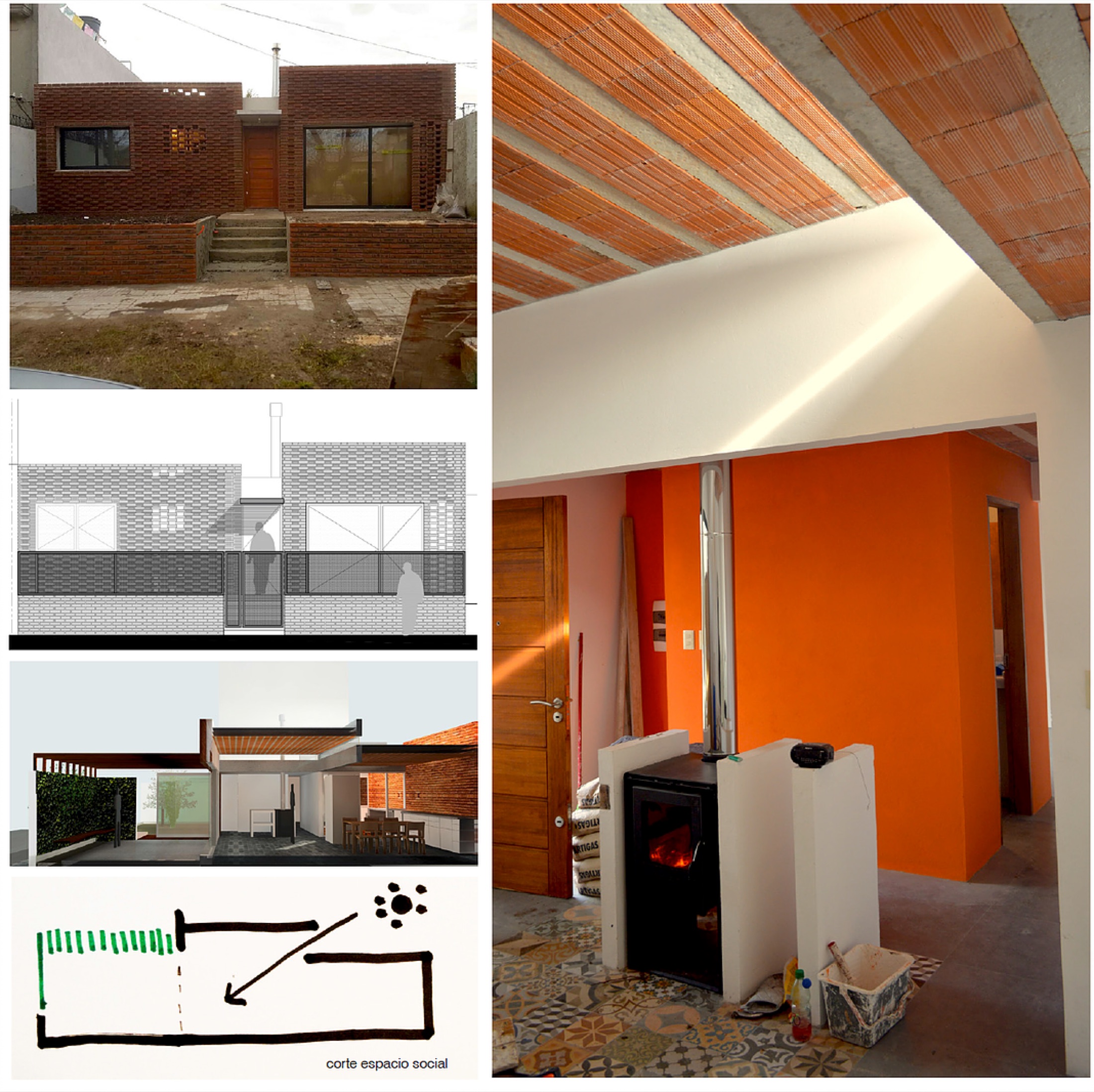Fachada, corte, proceso de obra y esquema de Casa Malvi